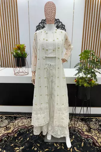 White Georgette Cape Style Kurta Set with Golden Sequin Embroidery