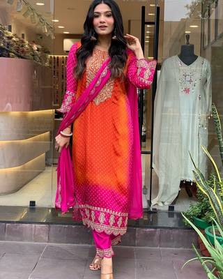Radiant Orange and Pink Shaded Chiffon Embroidered Kurta Set 2