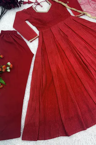 Stunning Red Georgette Embroidered Salwar Suit with Net Dupatta and Cotton Pants