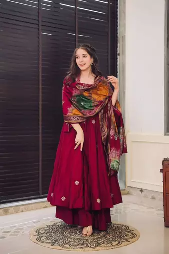 Maroon Chiffon Embroidered Kurta Sets