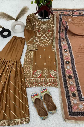 Brown Stitched Salwar Suit with Chiffon Embroidery