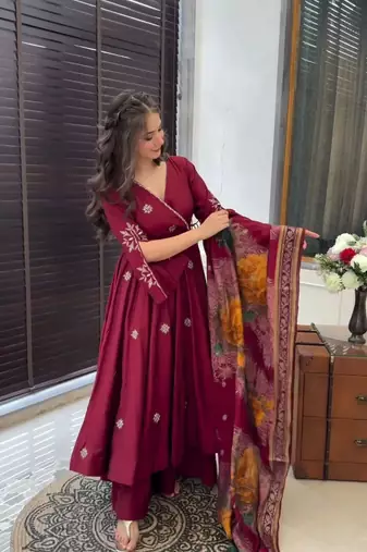 Maroon Chiffon Embroidered Kurta Sets
