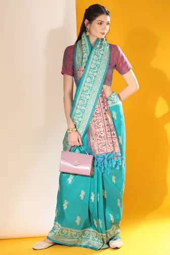 Turquoise Soft Raw Silk Thread weaving Design Contrast Woven Pallu border & Contrast Blouse Piece