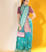 Turquoise Soft Raw Silk Thread weaving Design Contrast Woven Pallu border & Contrast Blouse Piece