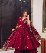 Maroon Chiffon Embroidered Kurta Sets