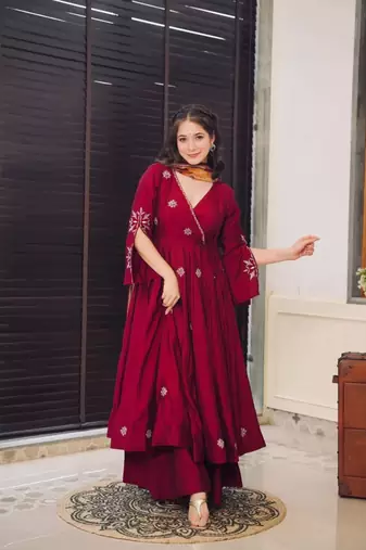 Maroon Chiffon Embroidered Kurta Sets