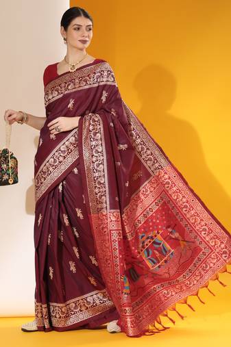 Wine Soft Raw Silk Thread weaving Design Contrast Woven Pallu border & Contrast Blouse Piece