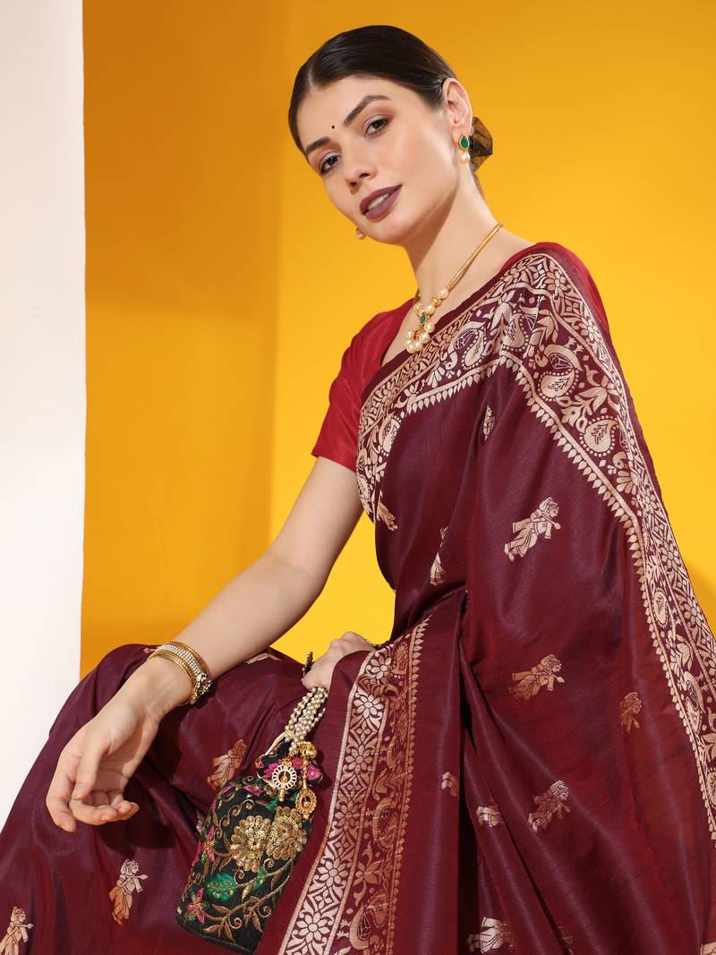 Wine Soft Raw Silk Thread weaving Design Contrast Woven Pallu border & Contrast Blouse Piece