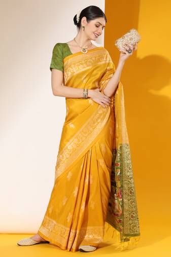 Yellow Soft Raw Silk Thread weaving Design Contrast Woven Pallu border & Contrast Blouse Piece