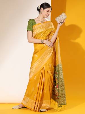 Yellow Soft Raw Silk Thread weaving Design Contrast Woven Pallu border & Contrast Blouse Piece 1