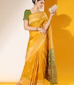 Yellow Soft Raw Silk Thread weaving Design Contrast Woven Pallu border & Contrast Blouse Piece