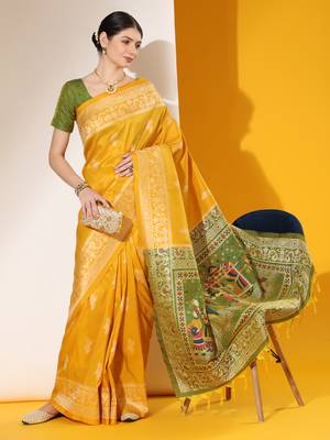 Yellow Soft Raw Silk Thread weaving Design Contrast Woven Pallu border & Contrast Blouse Piece 2