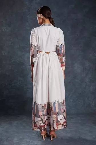 White cityscape printed maxi dress