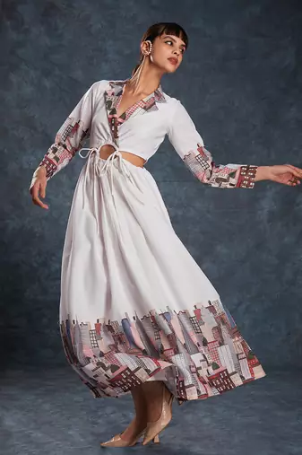 White cityscape printed maxi dress