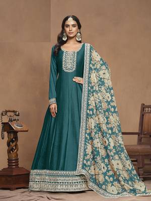 Turquoise embroidered Art Silk Anarkali suit with Dupatta 1