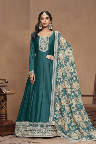 Turquoise Color Art Silk Anarkali suits with Orgenza Print Dupatta