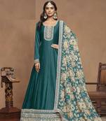Turquoise embroidered Art Silk Anarkali suit with Dupatta