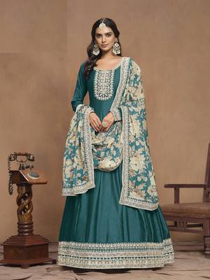 Turquoise embroidered Art Silk Anarkali suit with Dupatta 2