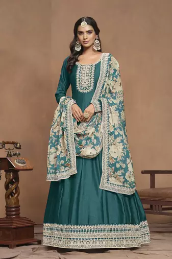 Turquoise embroidered Art Silk Anarkali suit with Dupatta