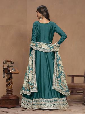 Turquoise embroidered Art Silk Anarkali suit with Dupatta 3