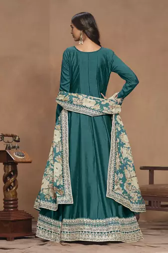 Turquoise embroidered Art Silk Anarkali suit with Dupatta