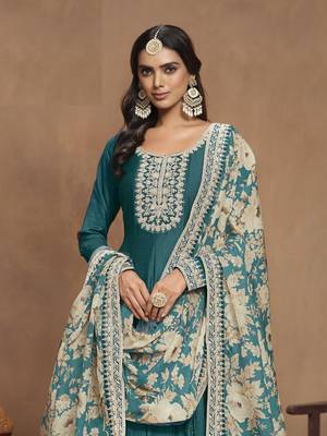 Turquoise embroidered Art Silk Anarkali suit with Dupatta 4