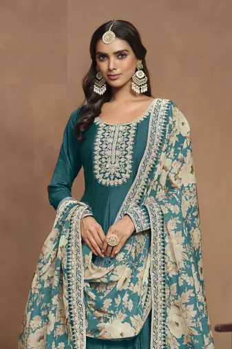 Turquoise embroidered Art Silk Anarkali suit with Dupatta