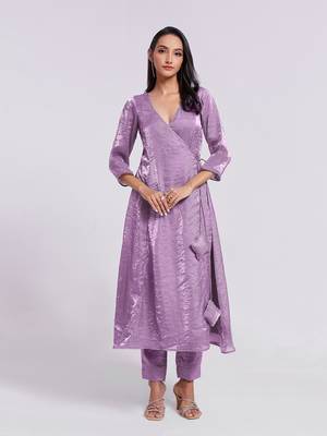 Lavender angrakha style v-neck kurta set 2