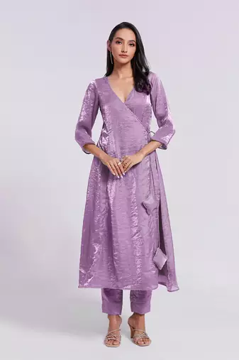 Lavender angrakha style v-neck kurta set