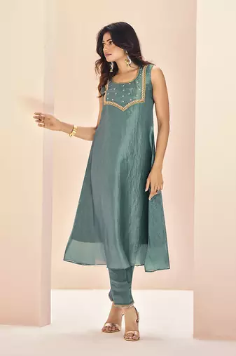 Aqua blue embellished organza sleeveless kurta set