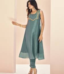 Aqua blue embellished organza sleeveless kurta set
