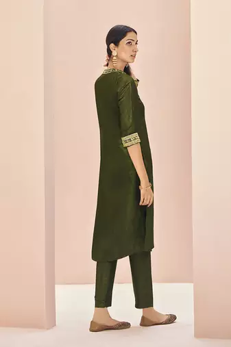 Olive green embellished kurta set