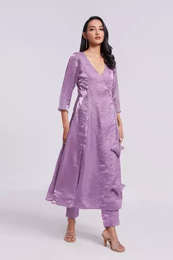 Lavender angrakha style v-neck kurta set
