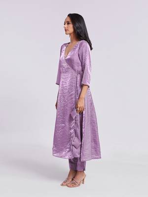 Lavender angrakha style v-neck kurta set 4