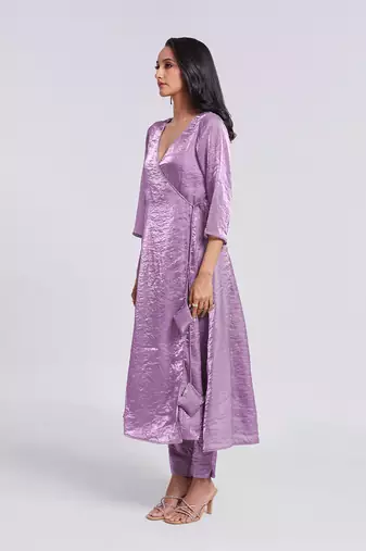 Lavender angrakha style v-neck kurta set