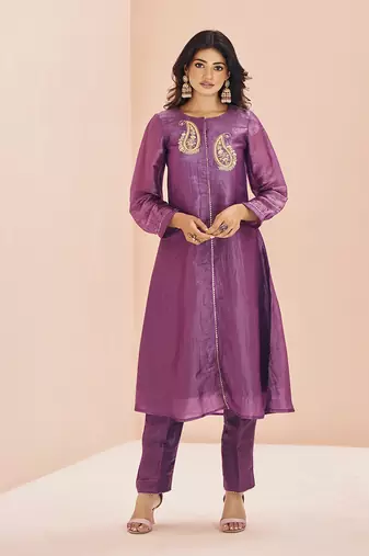 Purple embellished organza straight kurta set