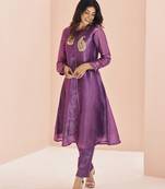Purple embellished organza straight kurta set