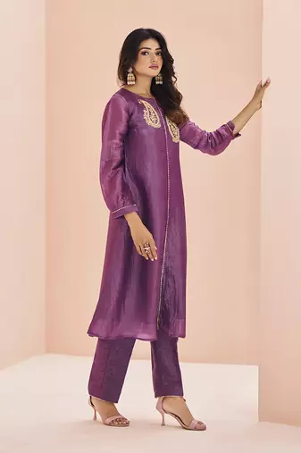 Purple embellished organza straight kurta set