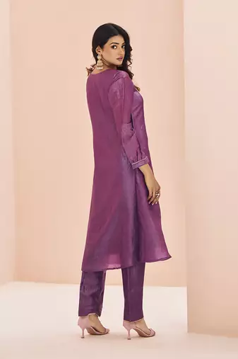 Purple embellished organza straight kurta set