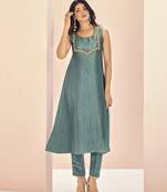 Aqua blue embellished organza sleeveless kurta set