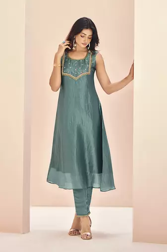 Aqua blue embellished organza sleeveless kurta set