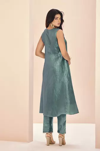 Aqua blue embellished organza sleeveless kurta set