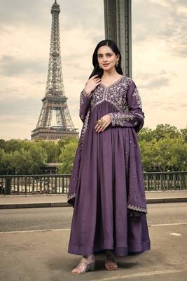 Trendmalls Women's Silk Blend Embroidery Alia Cut Kurta Pant Set with Dupatta 1