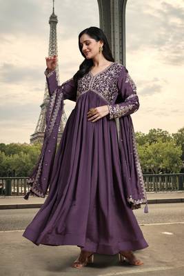 Trendmalls Women's Silk Blend Embroidery Alia Cut Kurta Pant Set with Dupatta 4