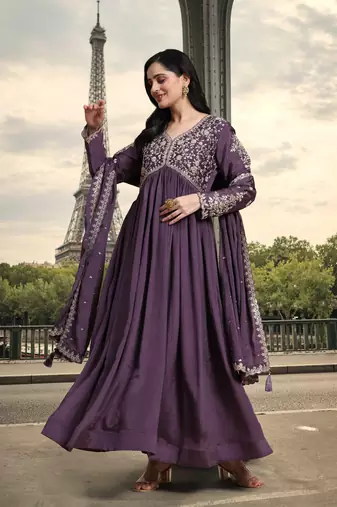 Trendmalls Women's Silk Blend Embroidery Alia Cut Kurta Pant Set with Dupatta