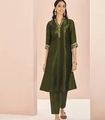 Olive green embellished kurta set