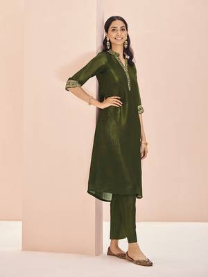 Olive green embellished kurta set 3