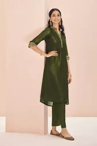 Olive green embellished kurta set