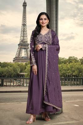 Trendmalls Women's Silk Blend Embroidery Alia Cut Kurta Pant Set with Dupatta 6