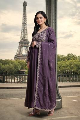 Trendmalls Women's Silk Blend Embroidery Alia Cut Kurta Pant Set with Dupatta 7